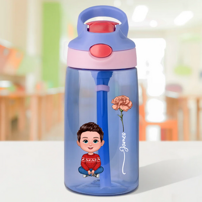 Personalised Cute Cartoon Birth Flower 16oz Water Bottle with Straw and Spill-Proof Lid Birthday Back to School Gift for Kids