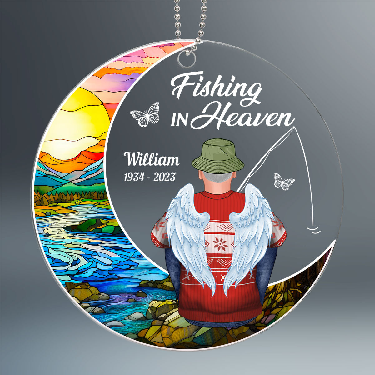 Fishing In Heaven Stained Glass Moon Memorial Keepsake Personalized Acrylic Ornament