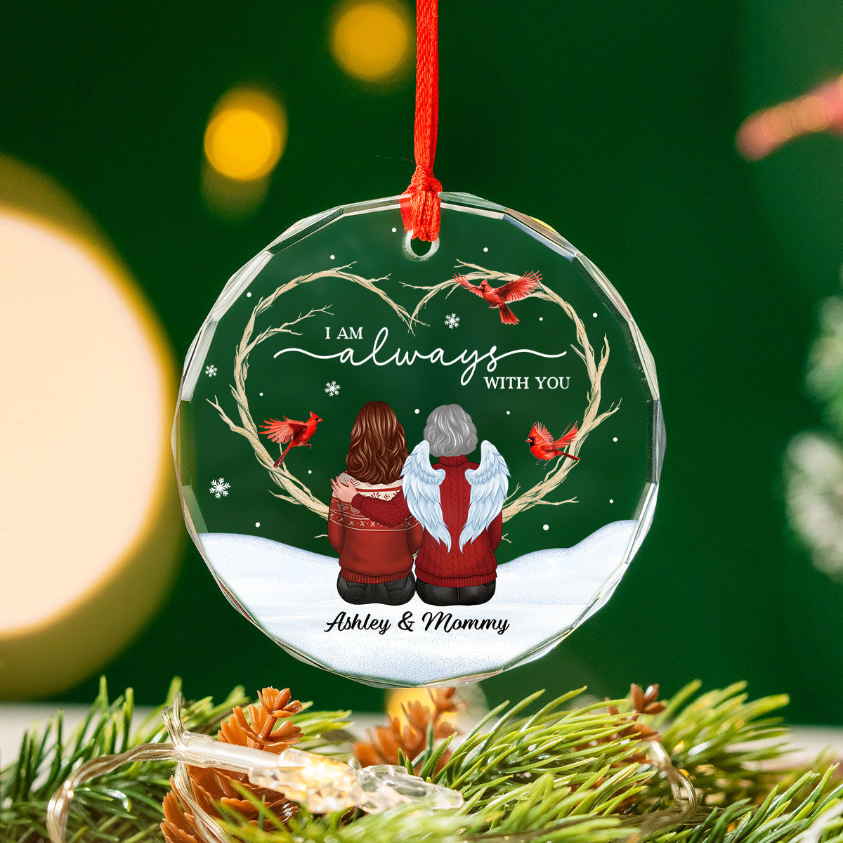 Cardinals Heart Branch Memorial Personalized Glass Ornament, Sympathy Keepsake