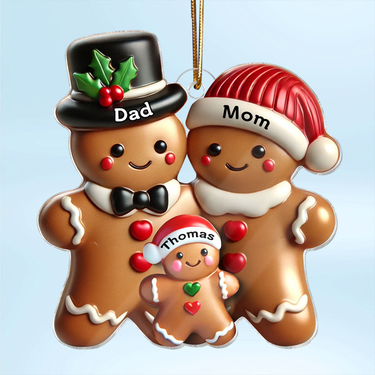 Gingerbread Family Polished Finish 3D Effect Personalized Acrylic Ornament