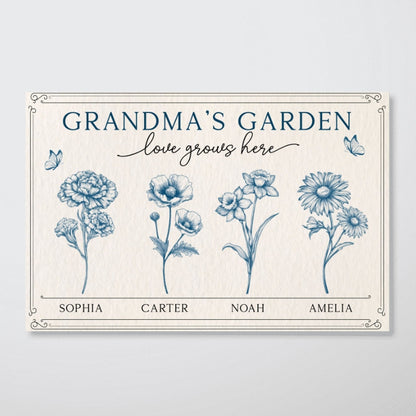 Grandma's Garden Retro Birthmonth Flower Personalized Poster, Grandkids Names Floral Gift