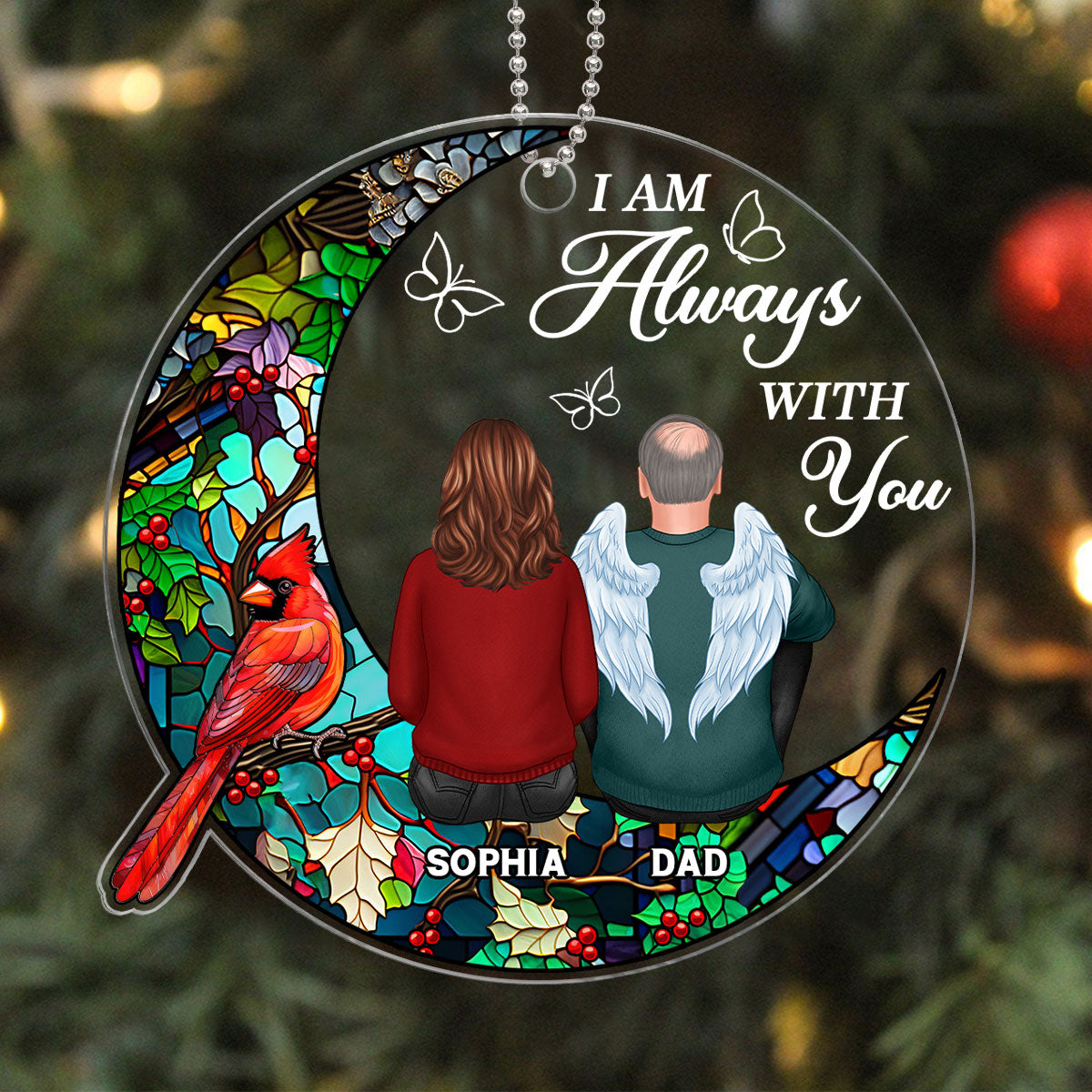Stained Glass Moon Cardinal Always With You Family Remembrance Memorial Keepsake Christmas Personalized Acrylic Ornament