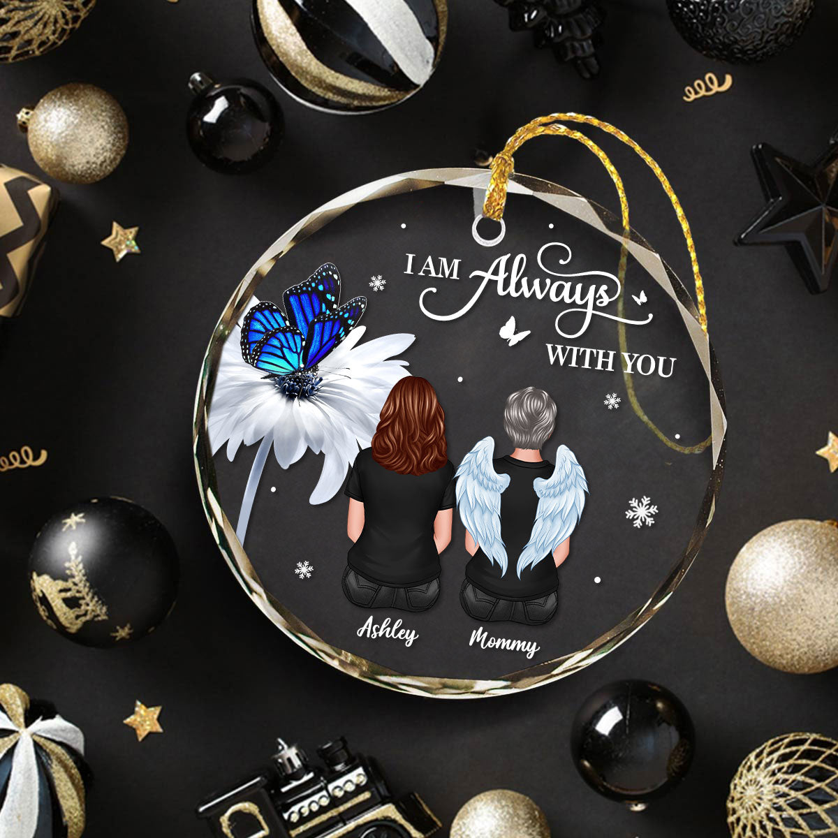 Butterfly Daisy Always With You Personalized Circle Glass Ornament, Heartfelt Memorial Gift For Your Loved One