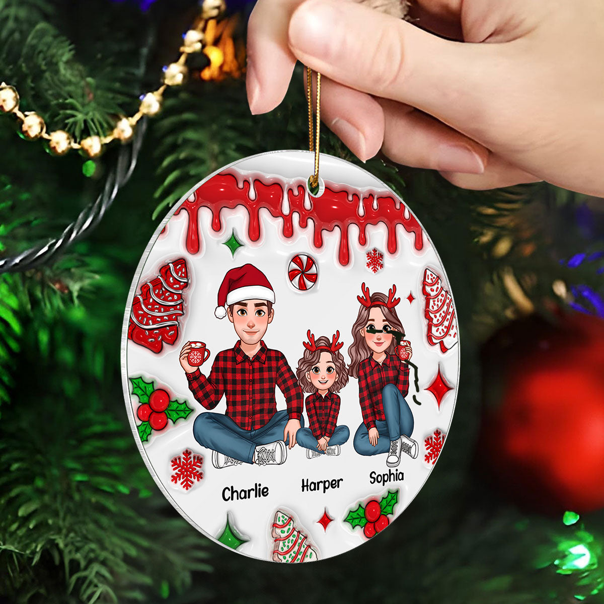 3D Inflated Effect Animated Family Christmas Cake Personalized Acrylic Ornament, Christmas Decoration, Christmas Gift For Family