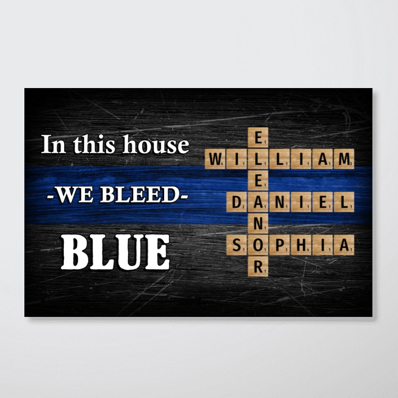 In This House We Bleed Blue Family Crossword Art Puzzle, Personalized Thin Blue Line Poster Office Decor, Appreciation Gift For Police Officers, Sheriff, Deputy Sheriff