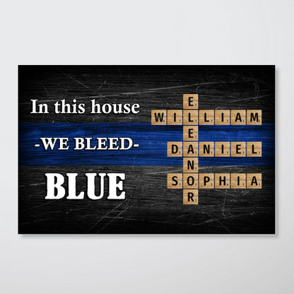 In This House We Bleed Blue Family Crossword Art Puzzle, Personalized Thin Blue Line Poster Office Decor, Appreciation Gift For Police Officers, Sheriff, Deputy Sheriff