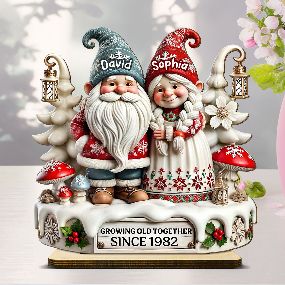 3D Effect Gnome Couple Together Personalized Standing Wooden Plaque, Heartfelt Gift For Couple, For Him, For Her, Husband, Wife