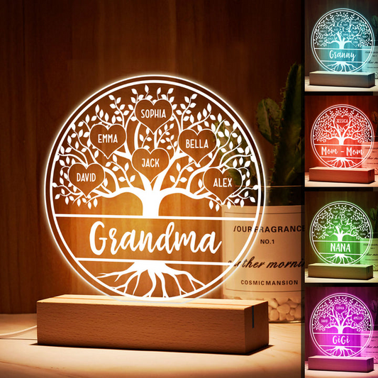 Grandma Family Tree Name Personalized Circle Acrylic Plaque With LED Night Light - Gift for Grandma, Nana, Mom