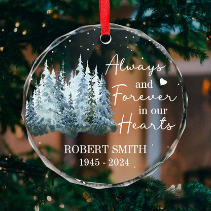 Always And Forever In Our Hearts Memorial Keepsake Personalized Glass Ornament