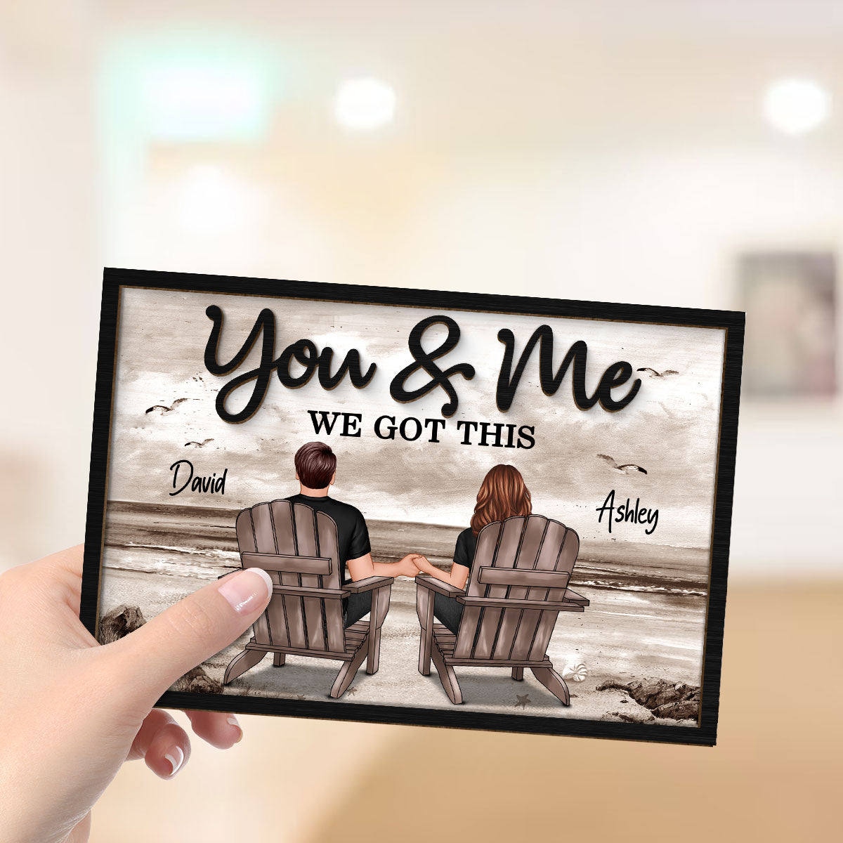 Retro Vintage Back View Couple Sitting Beach Landscape Personalized 2-Layer Wooden Plaque