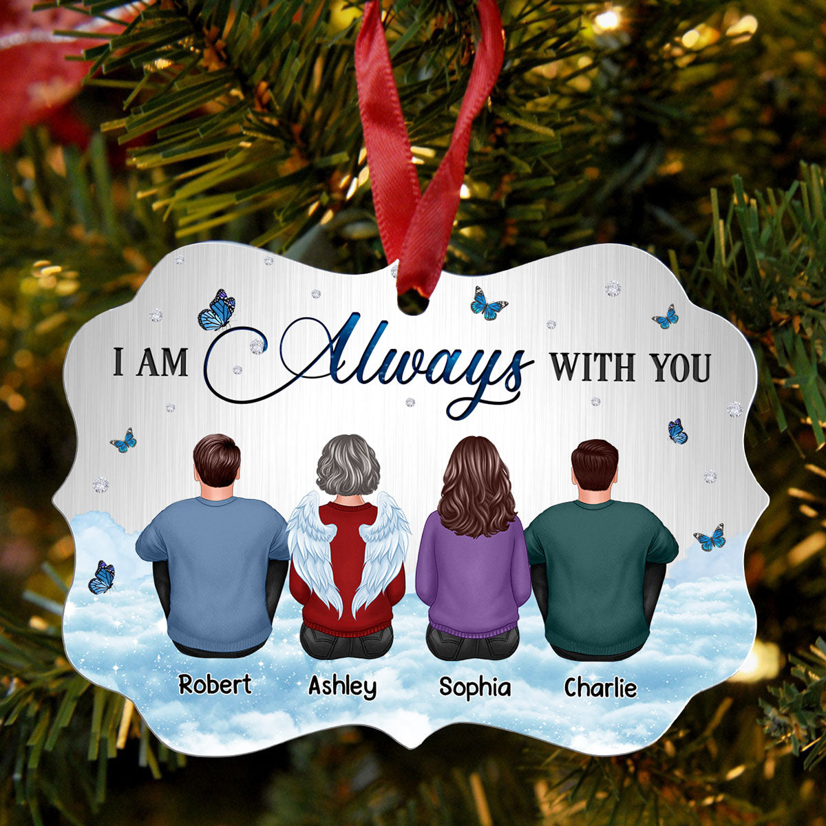 Family Memorial Sitting Sky Metal Background Personalized Christmas Ornament