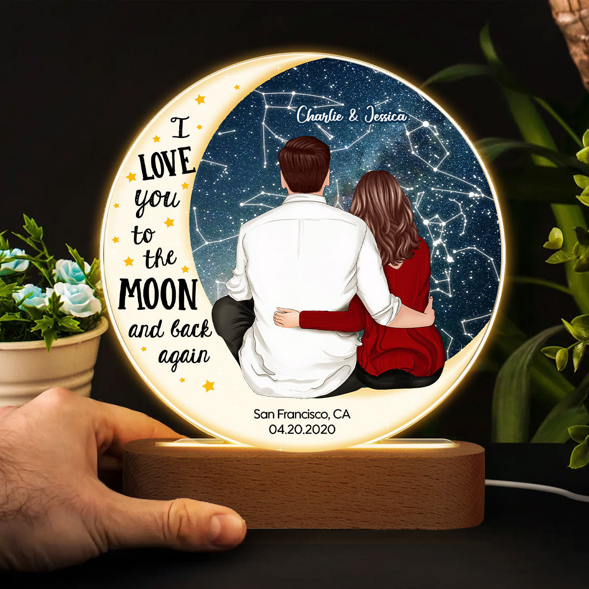 Love You To The Moon Couple Sitting On Moon Personalized Star Map Circle Acrylic Plaque With LED Night Light, Heartfelt Anniversary Gift For Her, For Him