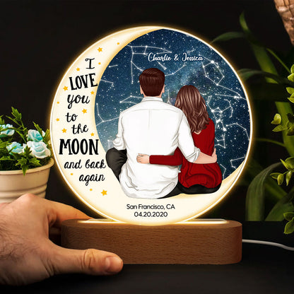 Love You To The Moon Couple Sitting On Moon Personalized Star Map Circle Acrylic Plaque With LED Night Light, Heartfelt Anniversary Gift For Her, For Him