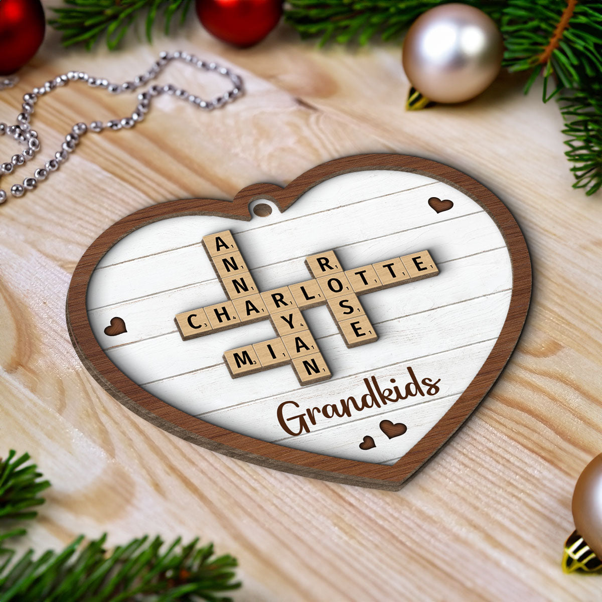 Grandkids Crossword Puzzle Art Personalized Heart Shaped 2-Layer Wooden Ornament, Christmas Gift For Grandma, Gift For Mom