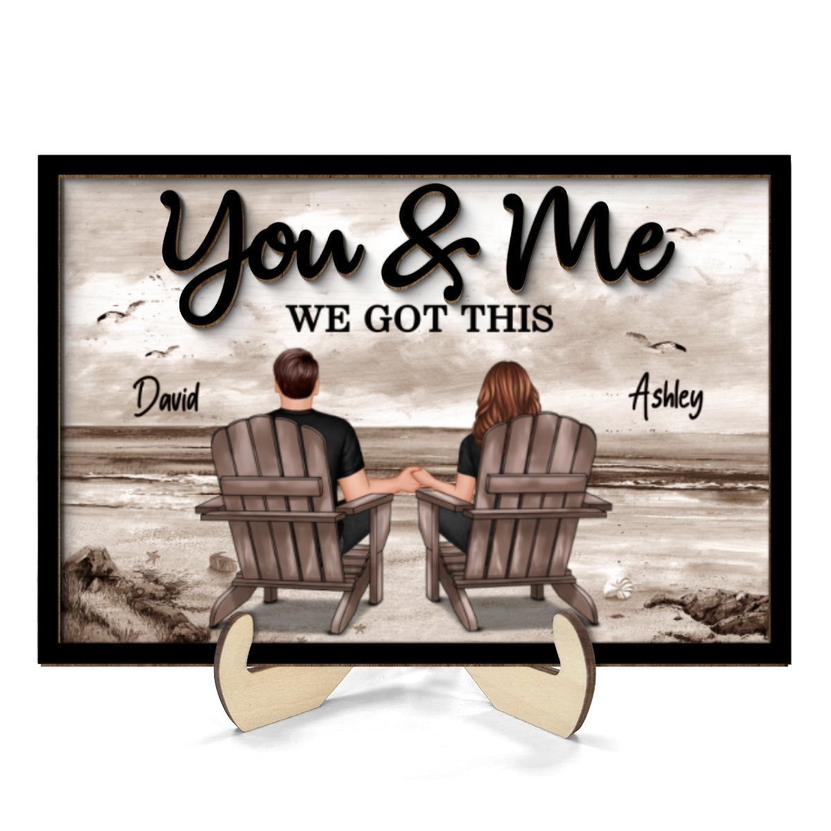 Retro Vintage Back View Couple Sitting Beach Landscape Personalized 2-Layer Wooden Plaque