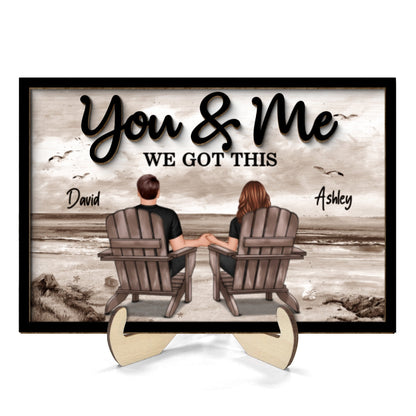 Retro Vintage Back View Couple Sitting Beach Landscape Personalized 2-Layer Wooden Plaque