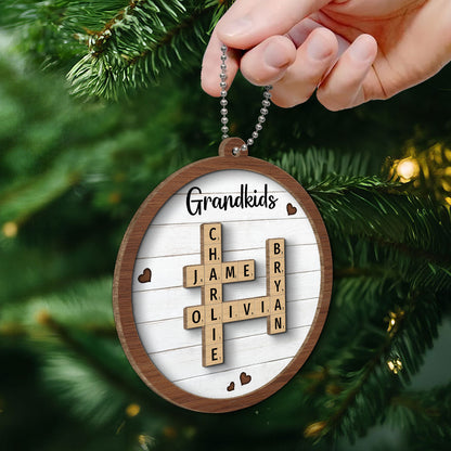 Grandkids Crossword Puzzle Art - Personalized Wooden Ornament