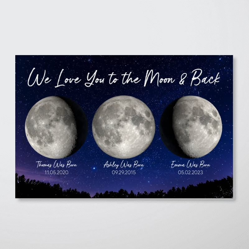 Love You To The Moon And Back Birth Moon Phase Personalized Poster, Gift For Mom, Grandma