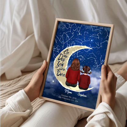 Grandma & Grandkid Sitting On Moon Custom Star Map Personalized Poster, Heartfelt Mother's Day Gift For Mom, For Grandma