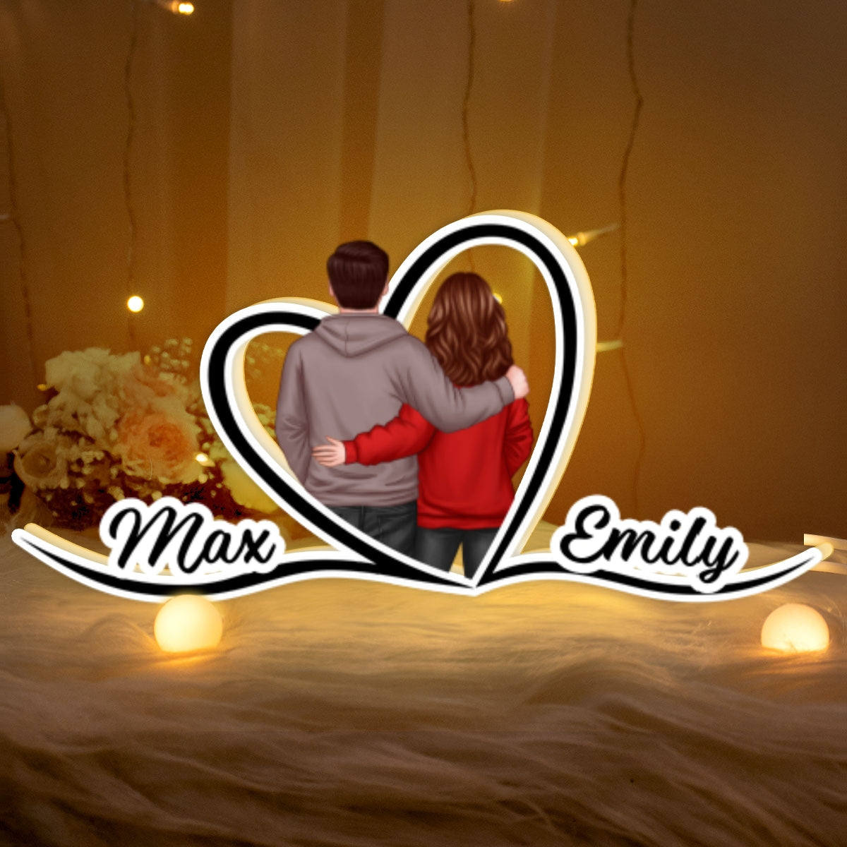 Couple Hugging Back View Heart Shape With Names Personalized Light Box, Anniversary Gift for Him for Her