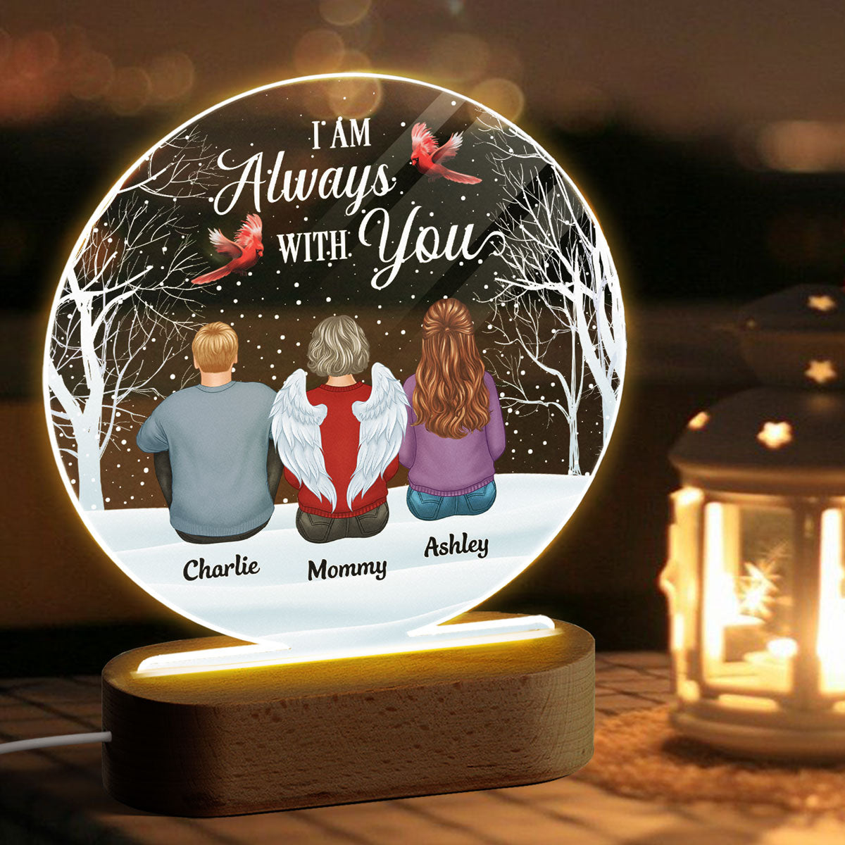 Always With You Family Memorial Snow Personalized Circle Acrylic Plaque LED Lamp Night Light
