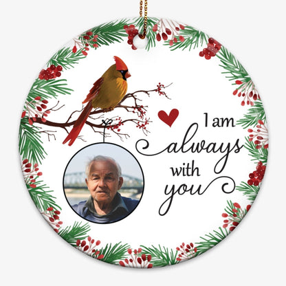 Always With You Holly Branch Cardinal Personalized Photo Circle Ornament