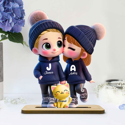 3D Cute Cartoon Couple You Me And The Dog Cat Personalized Standing Wooden Plaque, Valentine's Day Gift for Him, Gift for Her