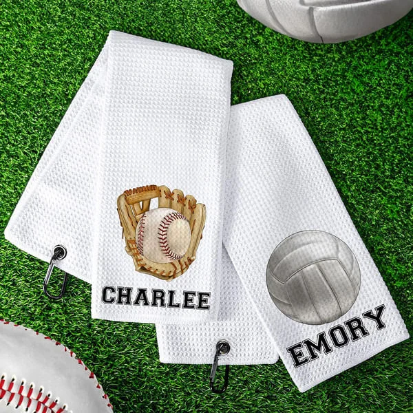 Personalised 100% Cotton Baseball Football Name Waffle Towel with Hanging Clip Birthday Gift for Sport Lover