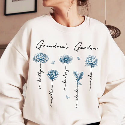 Grandma's Garden Retro Vintage Birthmonth Flowers Personalized Shirt, Grandkids Names Floral Gift for Grandma, Mom