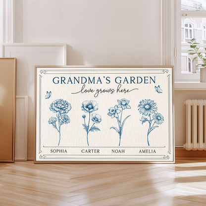 Grandma's Garden Retro Birthmonth Flower Personalized Poster, Grandkids Names Floral Gift