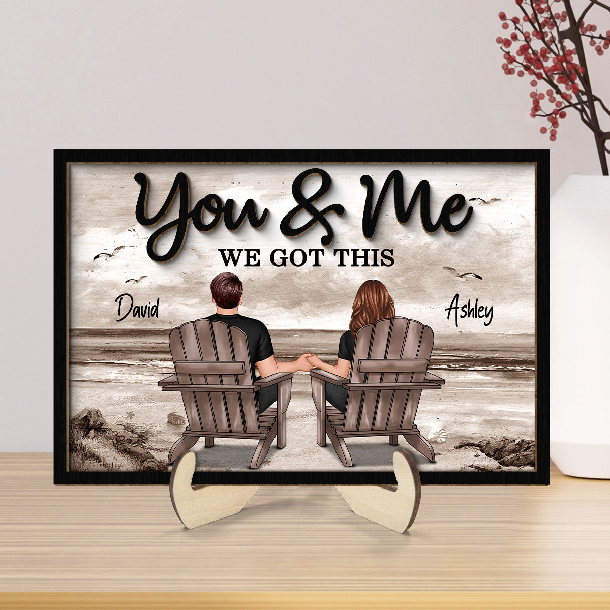 Retro Vintage Back View Couple Sitting Beach Landscape Personalized 2-Layer Wooden Plaque
