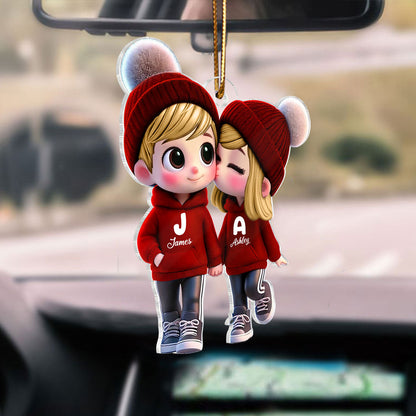 Cute Cartoon Couple Walking Personalized Car Ornament, Perfect Valentine'Day Gift for him, Gift for her