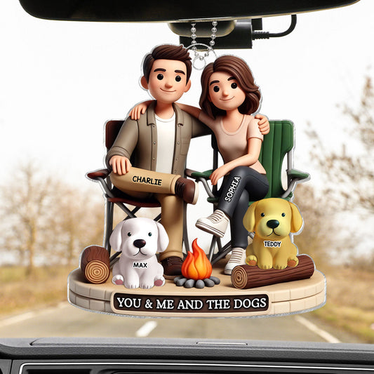 Camping Couple You Me And The Dog Cats Personalized Acrylic Car Hanger Ornament, Heartfelt Gift For Couple, For Dog Lovers, Cat Lovers, Pet Lovers