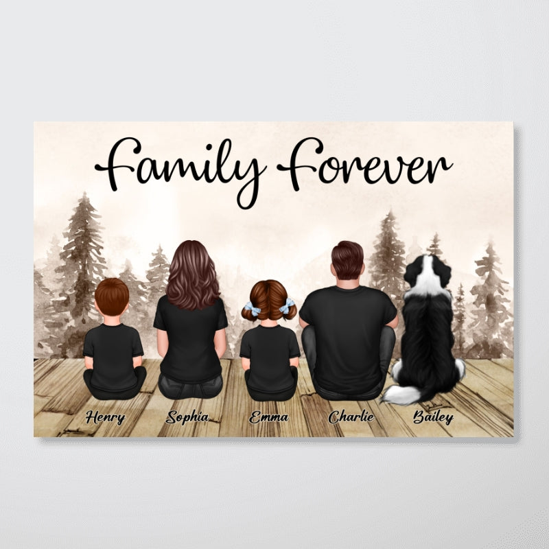 Retro Family Dad And Kids Back View Sitting Forest Personalized Poster, Perfect Gift For Family, For Husband, Wife, Dad, Mom