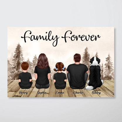 Retro Family Dad And Kids Back View Sitting Forest Personalized Poster, Perfect Gift For Family, For Husband, Wife, Dad, Mom