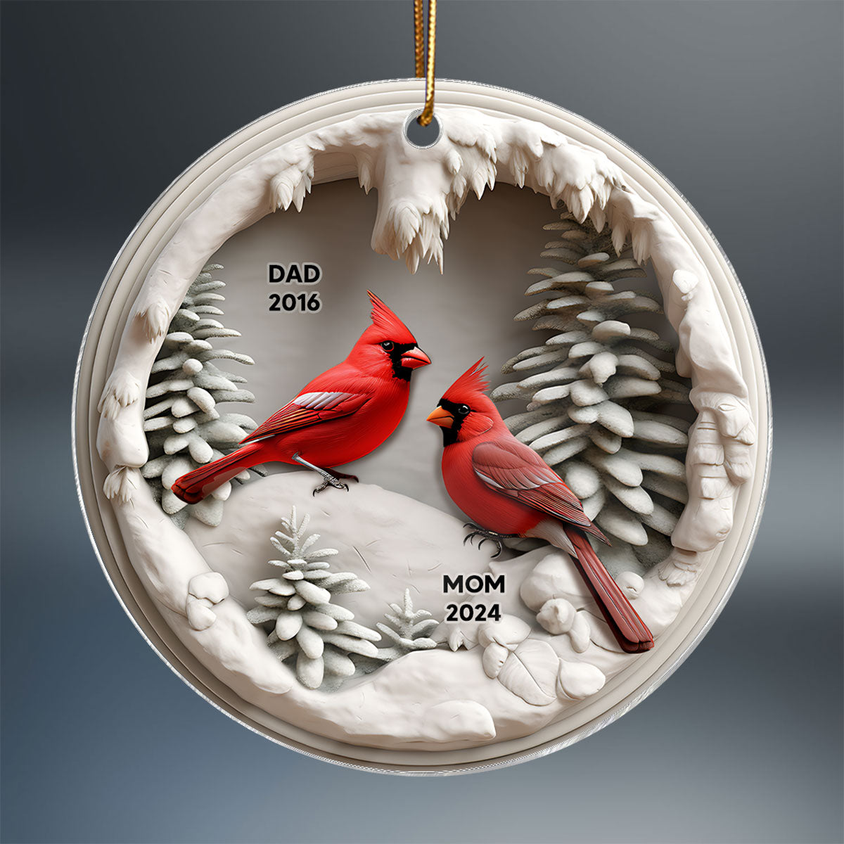 3D Effect Cardinals In Winter Cave Christmas Personalized Acrylic Ornament, Remembrance Gift, Sympathy Gift