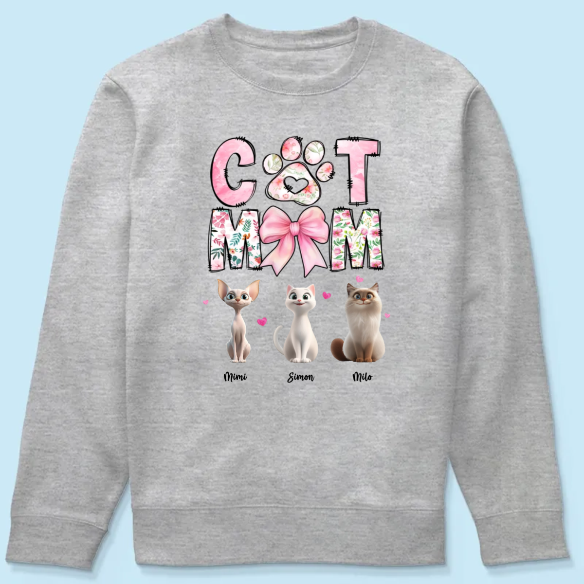 Cat Mom Pink Coquette Personalized Shirt, Cartoon Cute Cat, Gift for Cat Moms