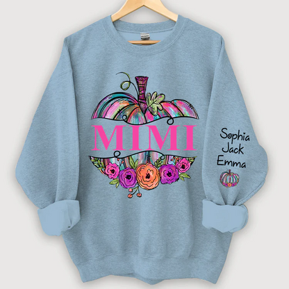 Personalized Mimi Painted Pumpkin And Grandkids Autumn Sweatshirt