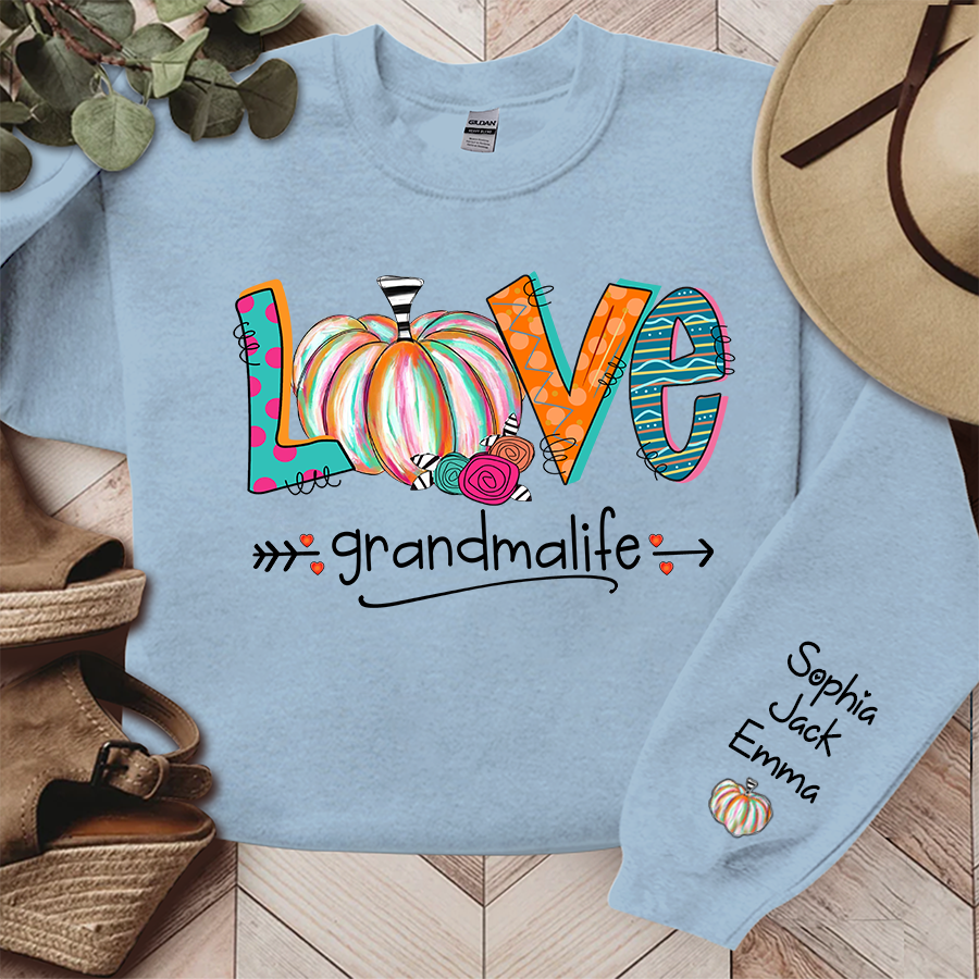 Love Grandma Life Pumpkins Grandkids Name Sweatshirt