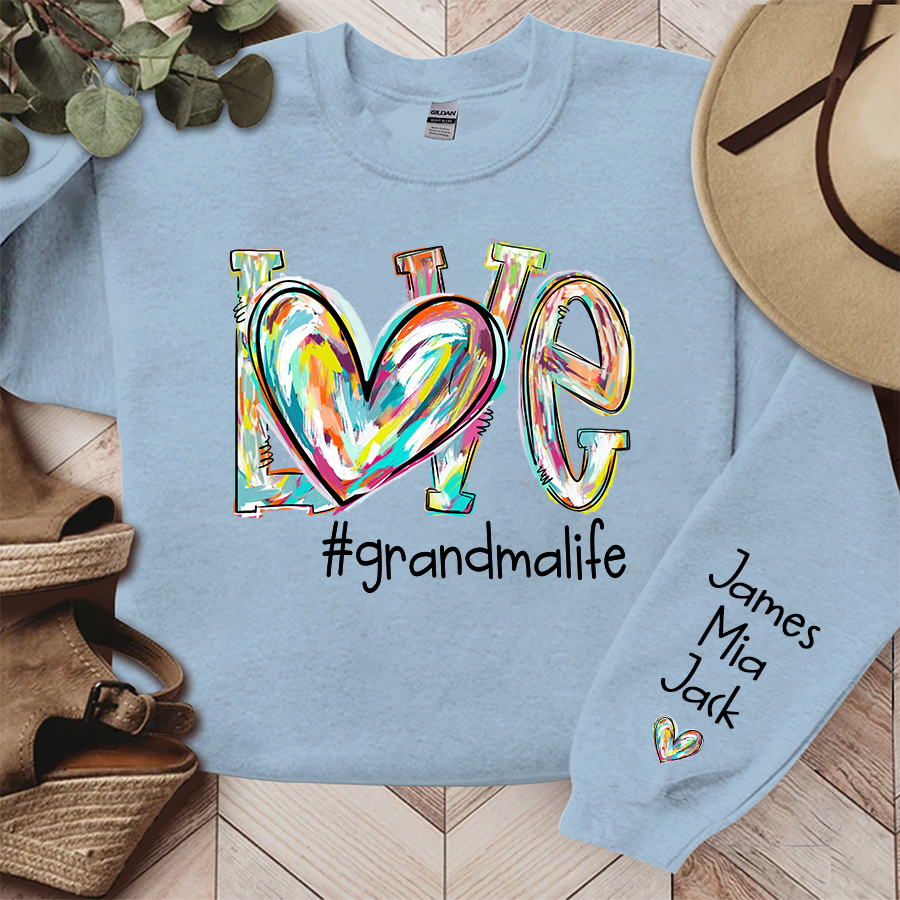 Love Grandma Life Color Clipart Custom Sweatshirt, Custom Grandmalife With Kids Names On Sleeve Sweatshirt