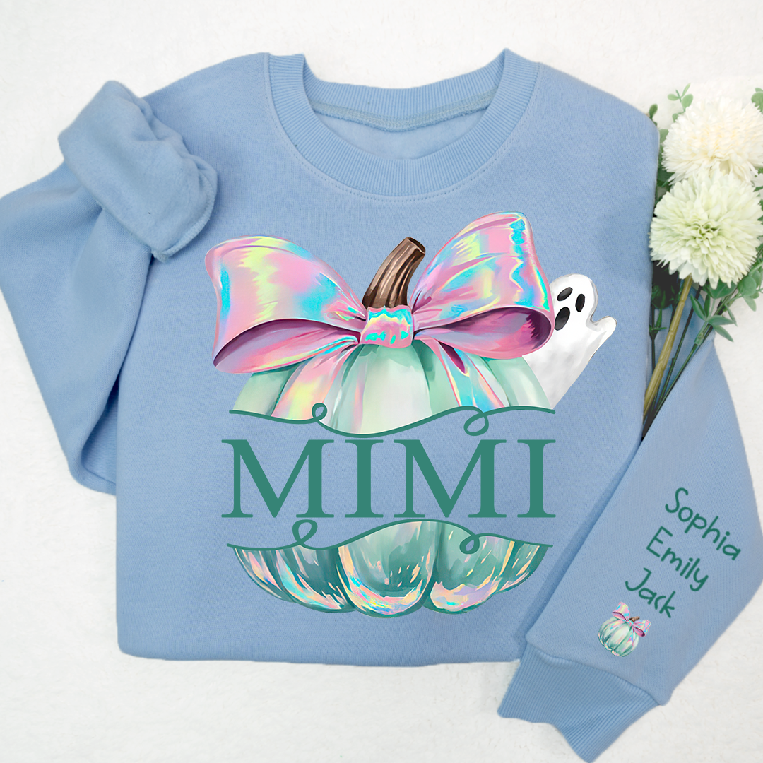 Personalized Mimi Pumpkin Iridescent Peeking Ghost With Grandkids Halloween Sweatshirt