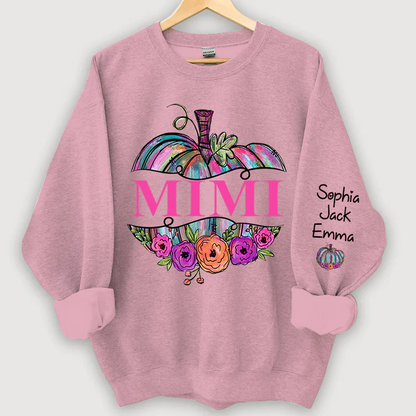 Personalized Mimi Painted Pumpkin And Grandkids Autumn Sweatshirt