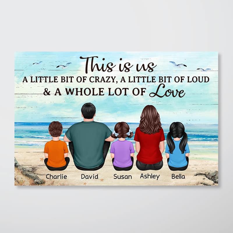 Back View Family Sitting Beach Landscape Personalized Horizontal Poster