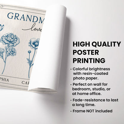 Grandma's Garden Retro Birthmonth Flower Personalized Poster, Grandkids Names Floral Gift