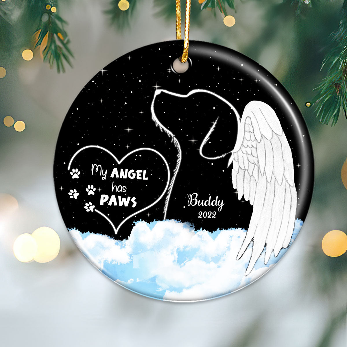Dogs Cats Angel Starry Sky Memorial Personalized Circle Ceramic Ornament, Sympathy Gift