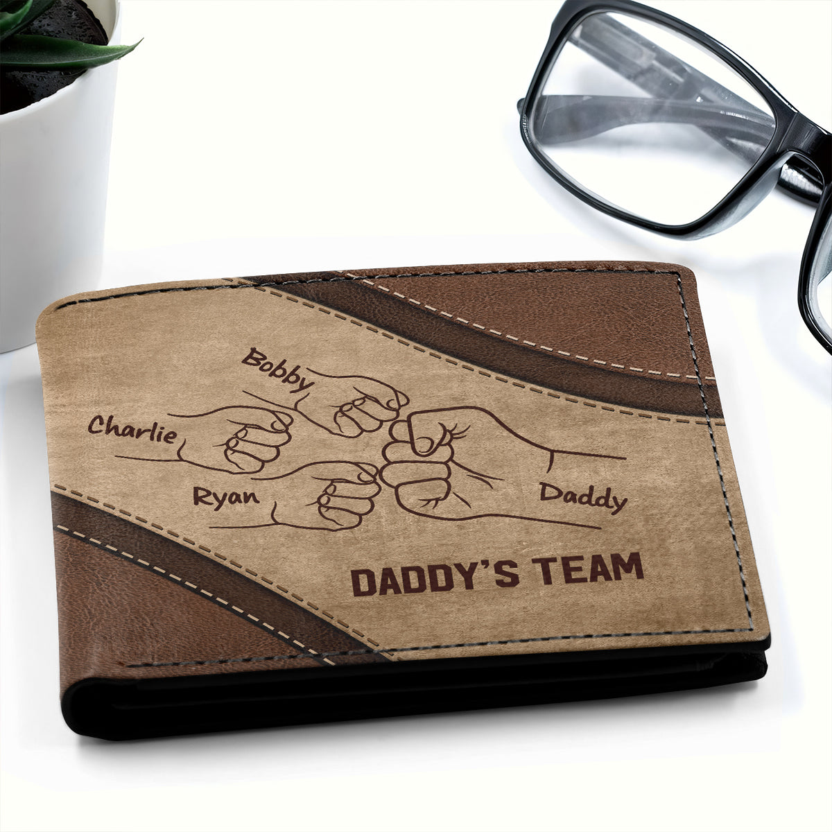 Daddy's Team Fist Bump Personalized Men’s Wallet, Father's Day Gift, Birthday Gift For Husband, Dad, Grandpa