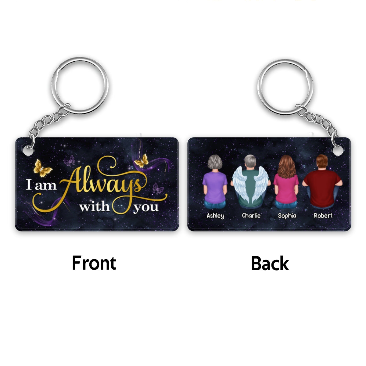Glow Butterflies Family Back View Sitting Memorial Sympathy Remembrance Keepsake Personalized Acrylic Keychain