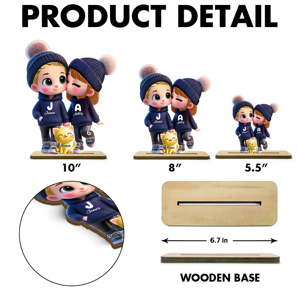 3D Effect Cute Cartoon Couple You Me And The Dog Cat Personalized Standing Wooden Plaque,  Gift for Him, Gift for Her