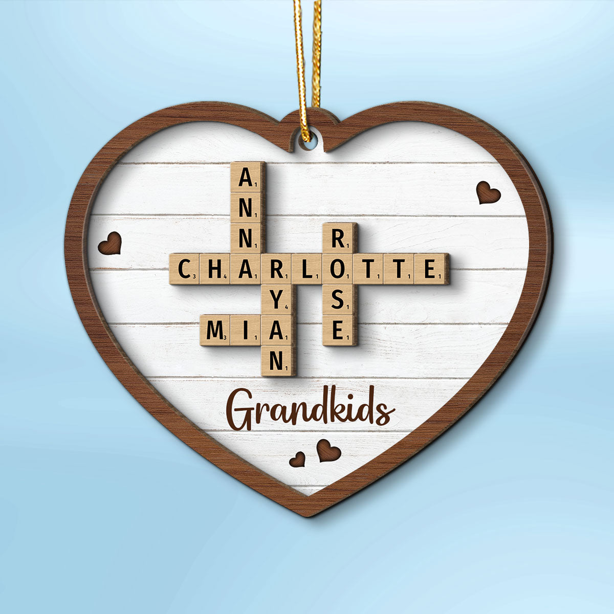 Grandkids Crossword Puzzle Art Personalized Heart Shaped 2-Layer Wooden Ornament, Christmas Gift For Grandma, Gift For Mom