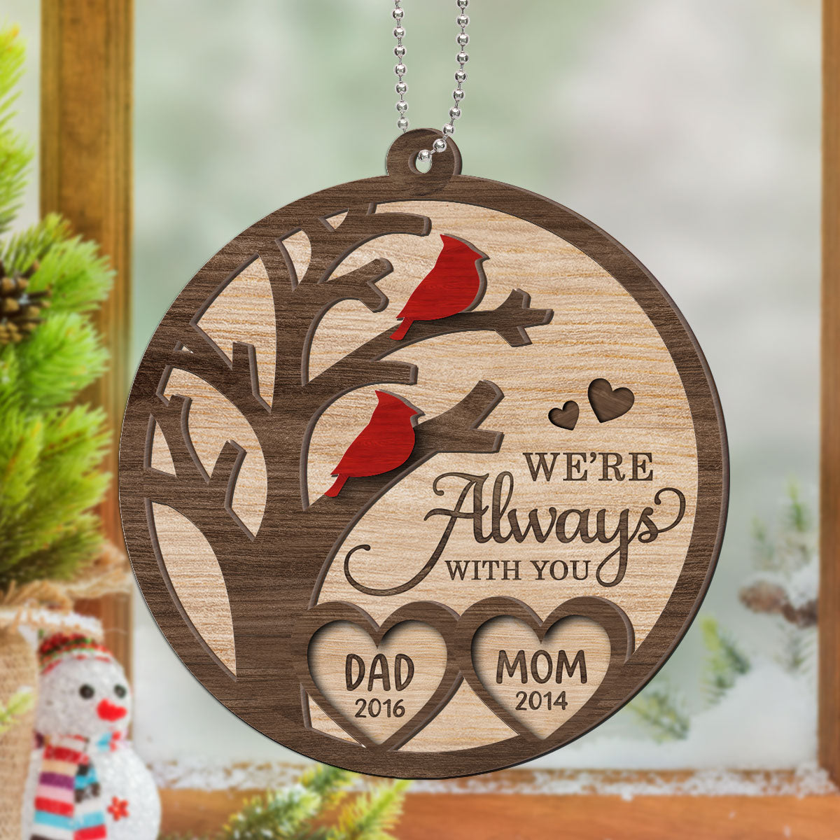 Cardinal Always With You Memorial Christmas Personalized 2-Layer Wooden Ornament, Christmas Keepsake, Sympathy Gift, Remembrance Gift